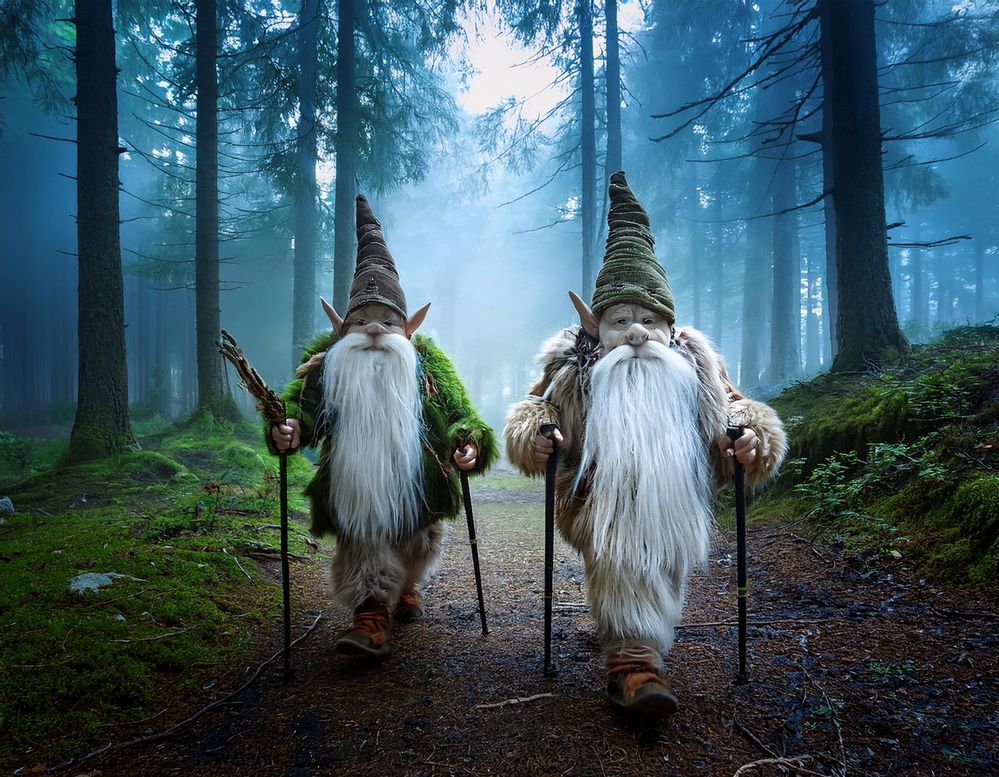 Firefly Two old Norwegian trolls with hiking sticks walking away from the camera through a dark fore (1).jpg