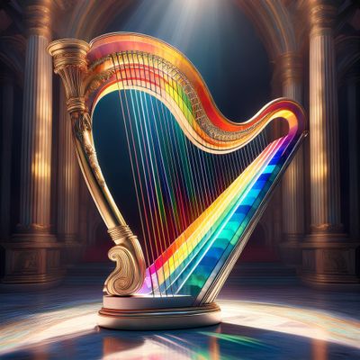 Firefly Een regenboog gevormd tot een harp, de harp staat in een marmeren kasteel met veel lichtinva.jpg