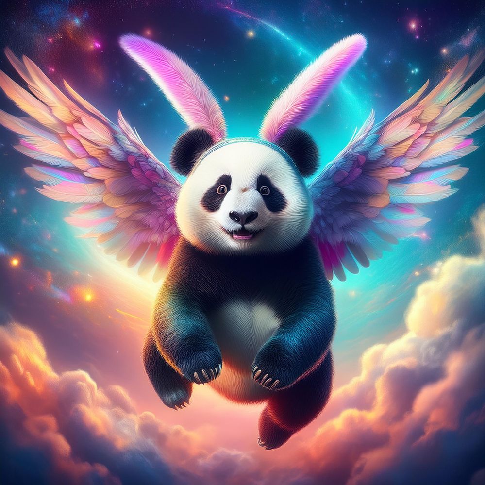 Firefly panda bear with bunny ears and wings, flying in colorful mystical sky 88383.jpg