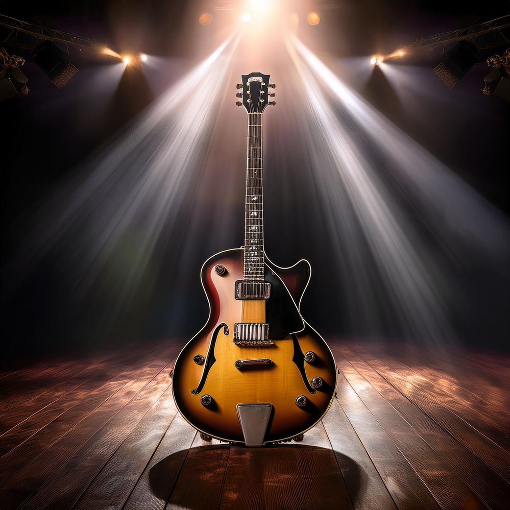 Firefly Gibson guitar on an empty stage lit by a spotlight 76132.jpg