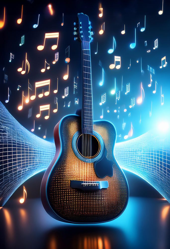 Firefly A beautiful futuristic acoustic guitar with a surreal background and musical notes floating .jpg