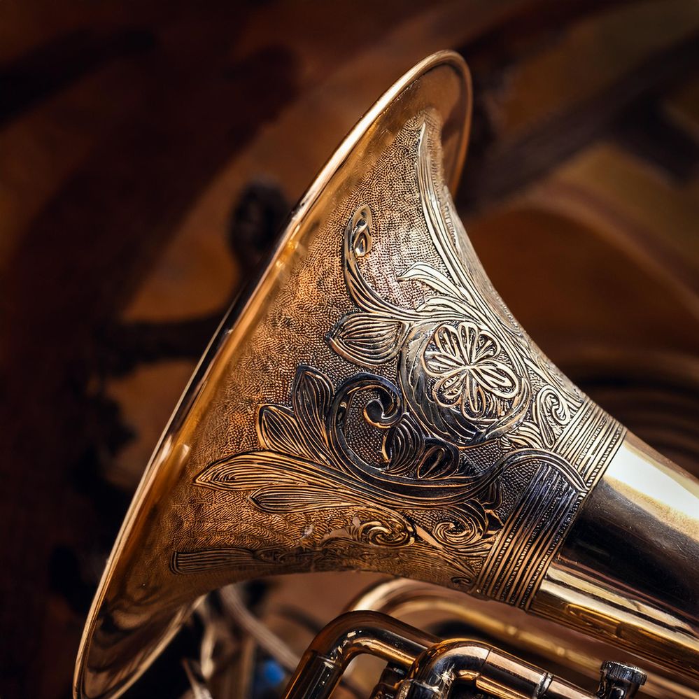 Firefly Close up of the side of the bell of a French horn completely covered with intricate etchings.jpg