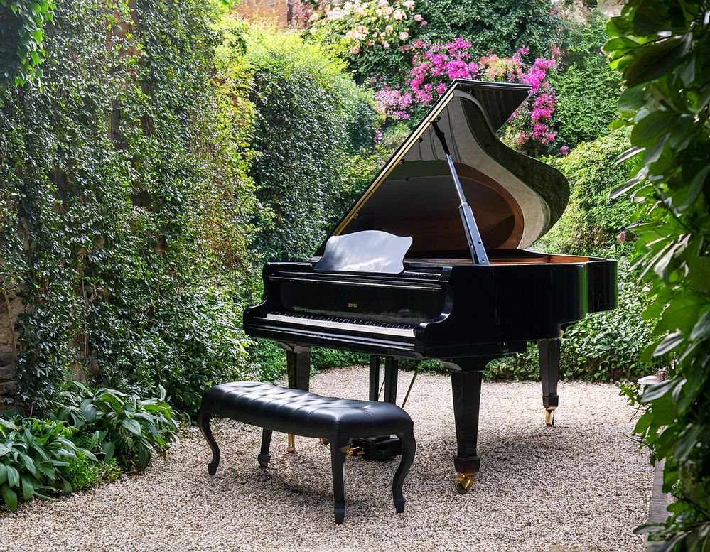 a baby grand piano and bench in a secluded secret walled garden of flowers and trees and greenery and vines