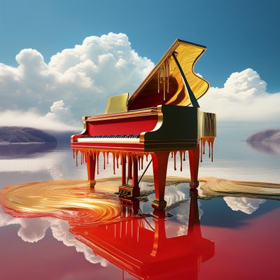 Firefly surreal piano made of red and gold melting wax, floating in a silver lake surrounded by clou.jpg