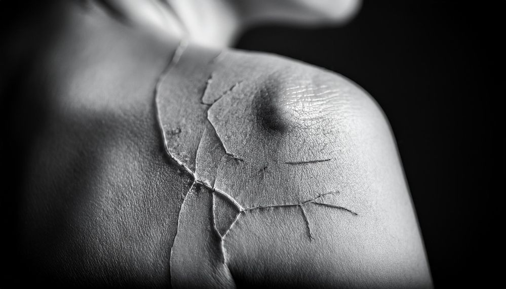 Firefly craquelure carved as scars on pale skin on woman's back macro detail, cinematic and dramatic (1).jpg