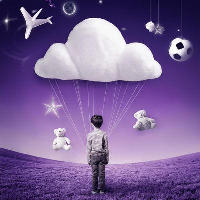 Firefly Create a monochrome image of child and his dream toys in purple sky 76737.jpg