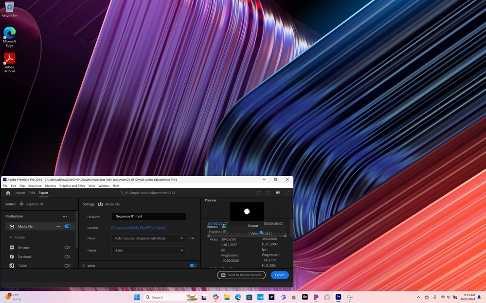 Pictured:  Premiere Pro application window manually sized to take up the lower left of the Desktop.