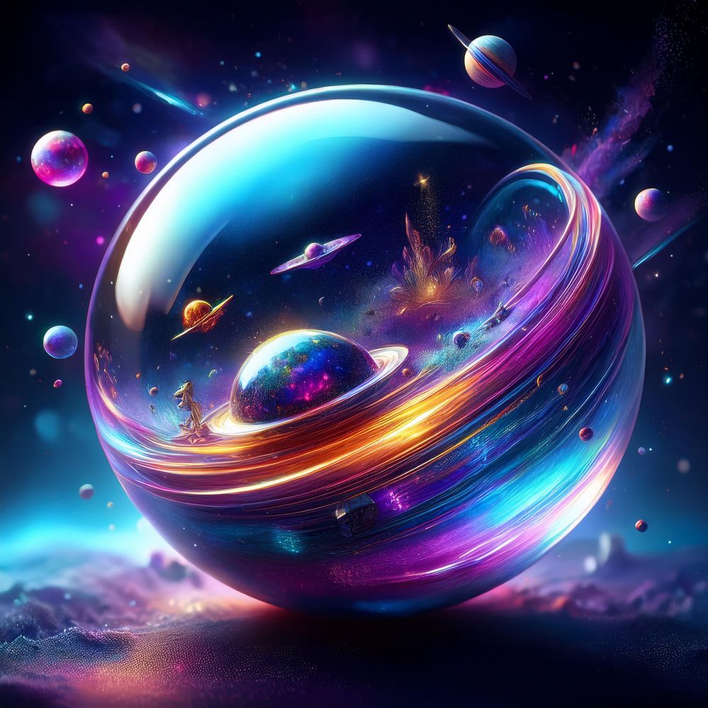 Firefly create a magical universe in a shiny glass orb, dark background, colorful shiny glass planet.jpg