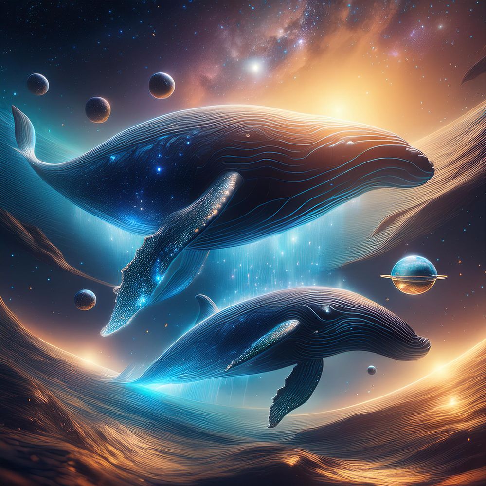 Firefly Fantasy universe, planets made of sparkly water, pods of whales swimming in space 54814.jpg