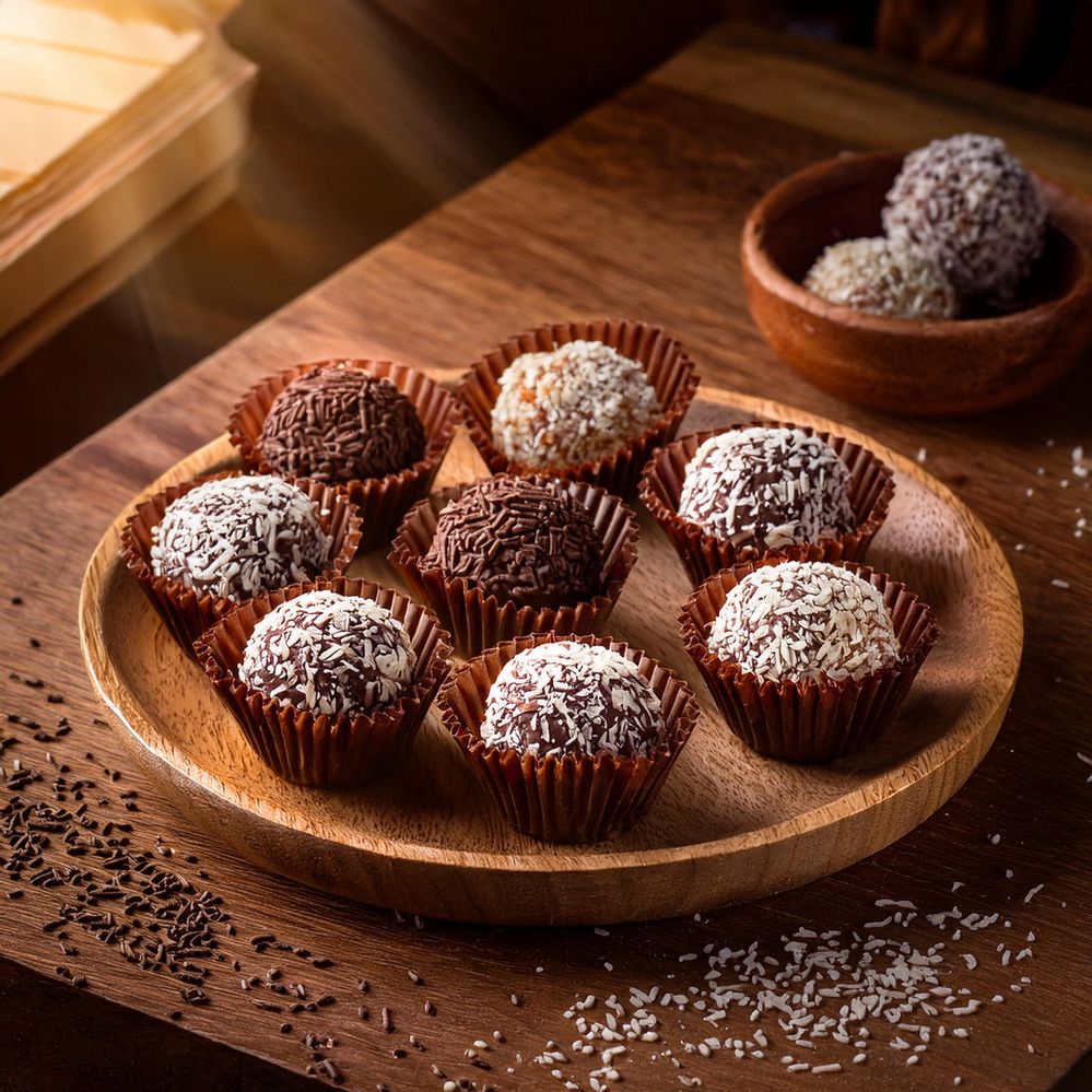 Firefly uma mesa de madeira com um prato cheio de brigadeiros brasileiros de chocolate e de coco, ch.jpg