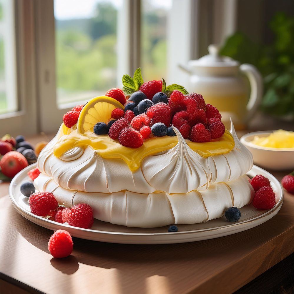 A large pavlova with a layer of lemon curd on top with a few drips down the sides and mixed fresh berries piles high on top, resting on a beautiful platter on a rustic kitchen table by the window