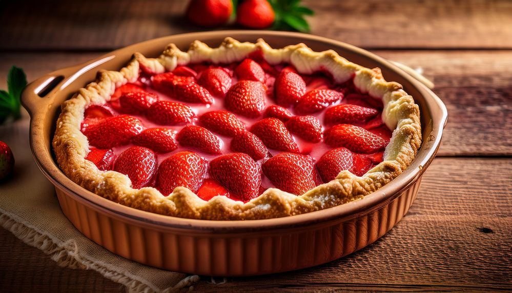 Firefly Homemade strawberry pie in terra cotta dish on old farm table 15123.jpg