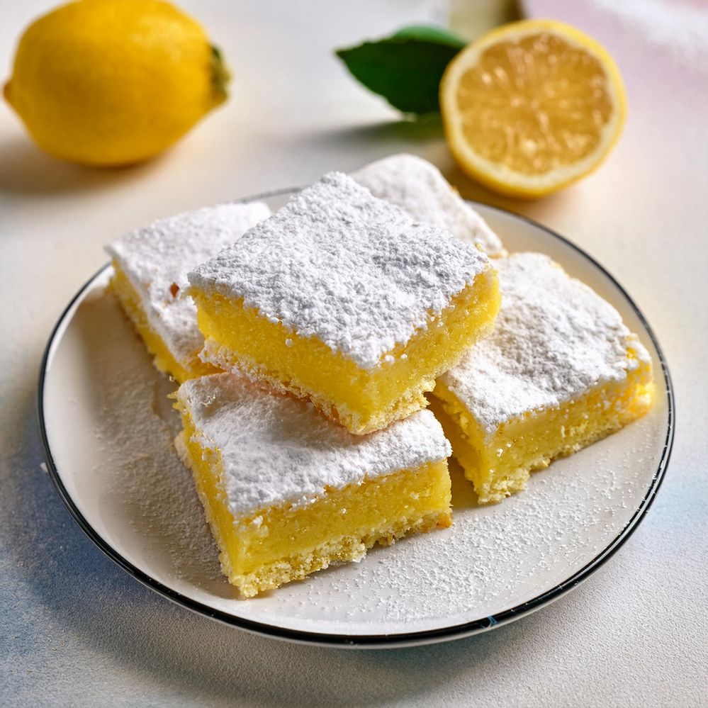 Firefly vibrant lemon bars on a white plate sprinkled with powdered sugar 44621.jpg