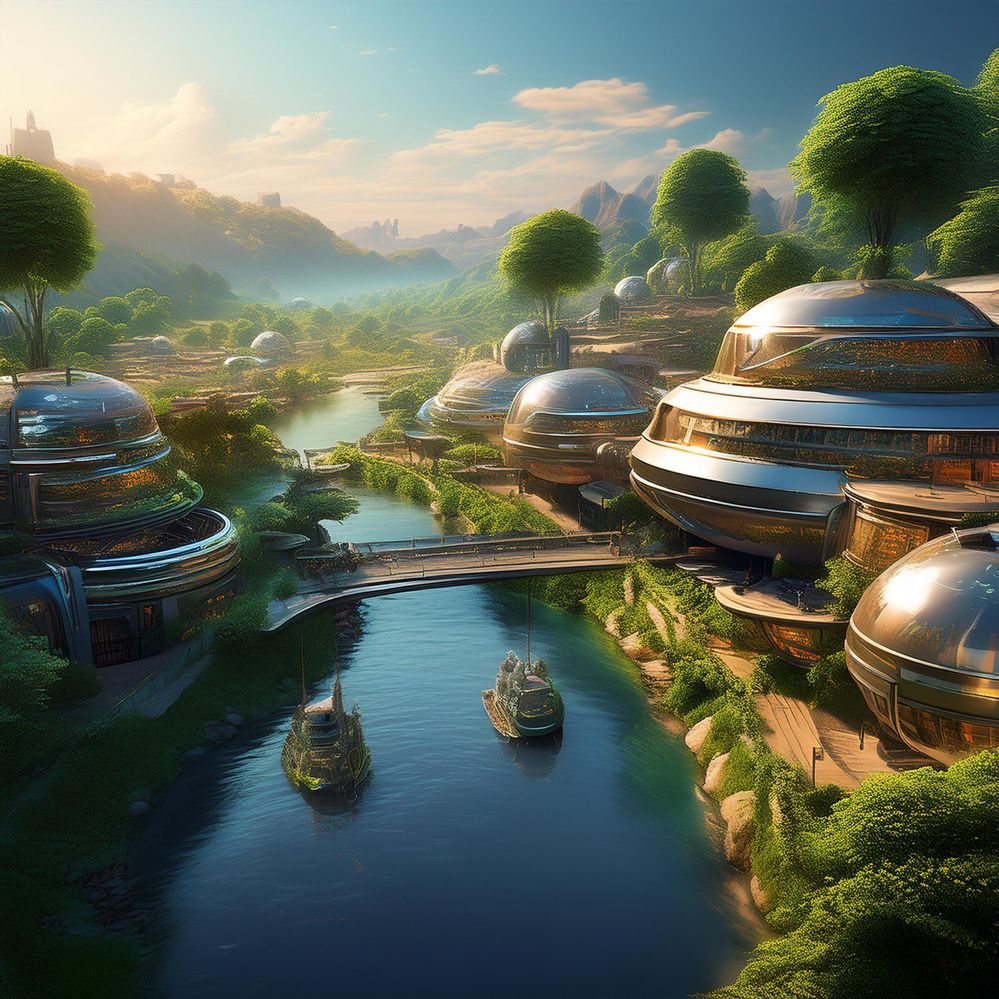 Firefly Create a small futuristic town in the country with trees and a river 78348.jpg