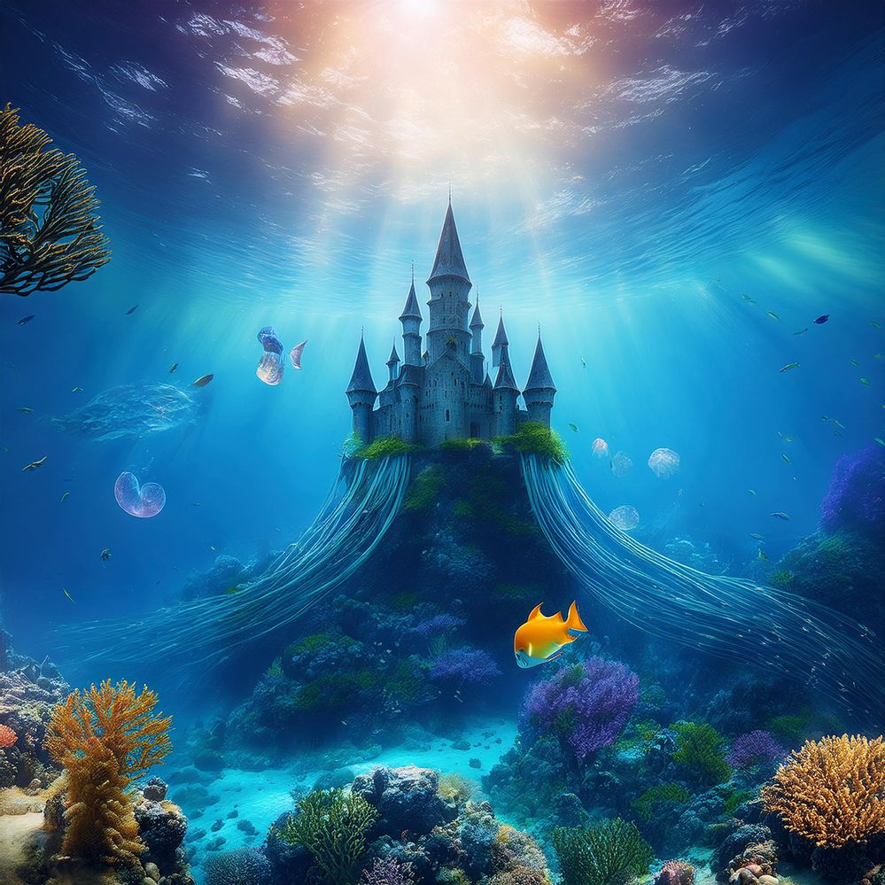 Firefly a vibrant underwater world where sunlit coral reefs burst with a castle and bioluminescent c.jpg