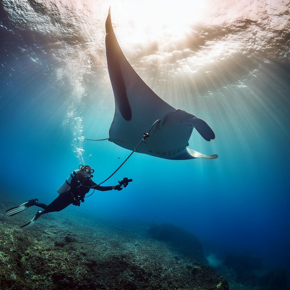 Underwater scene with pelagic manta and scuba diver holding an underwater camera, shot late in the afternoon with light rays