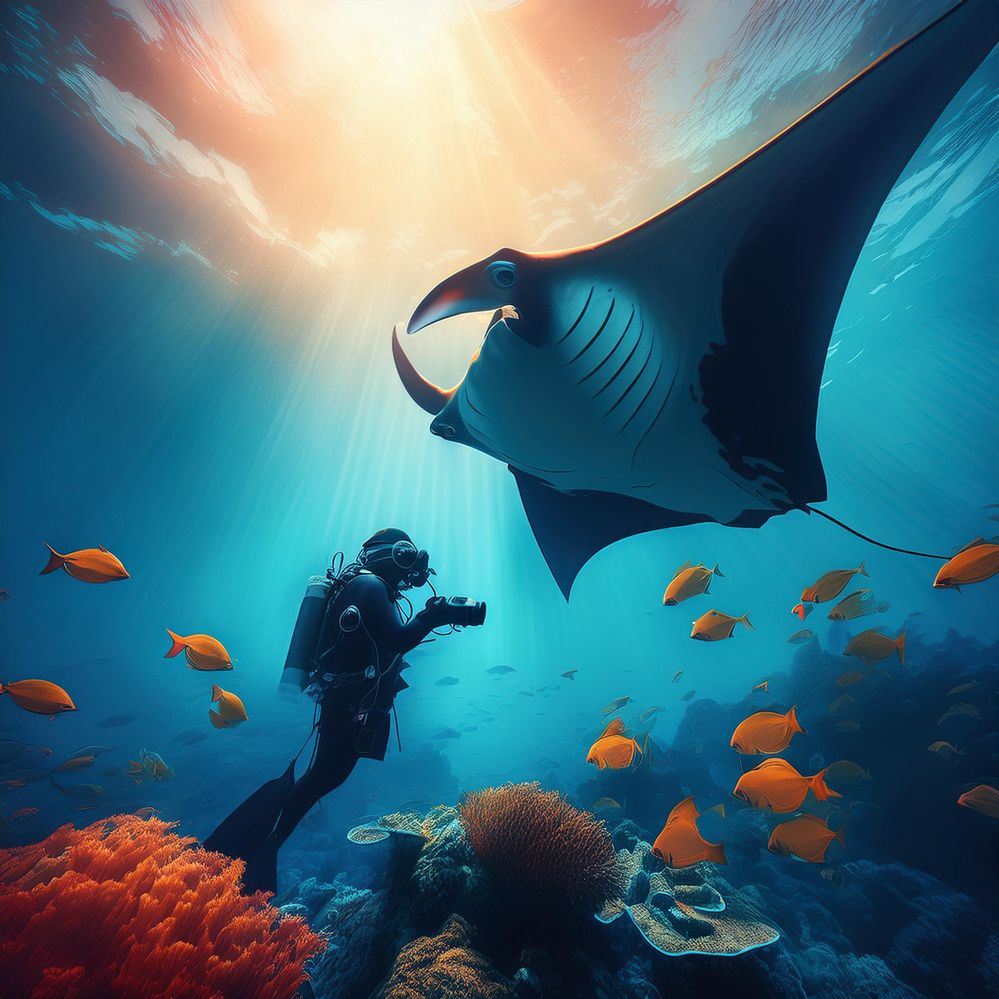 Underwater scene with pelagic manta and scuba diver holding an underwater camera, shot late in the afternoon with light rays with a bunch of Nemo fish in a magical underwater world