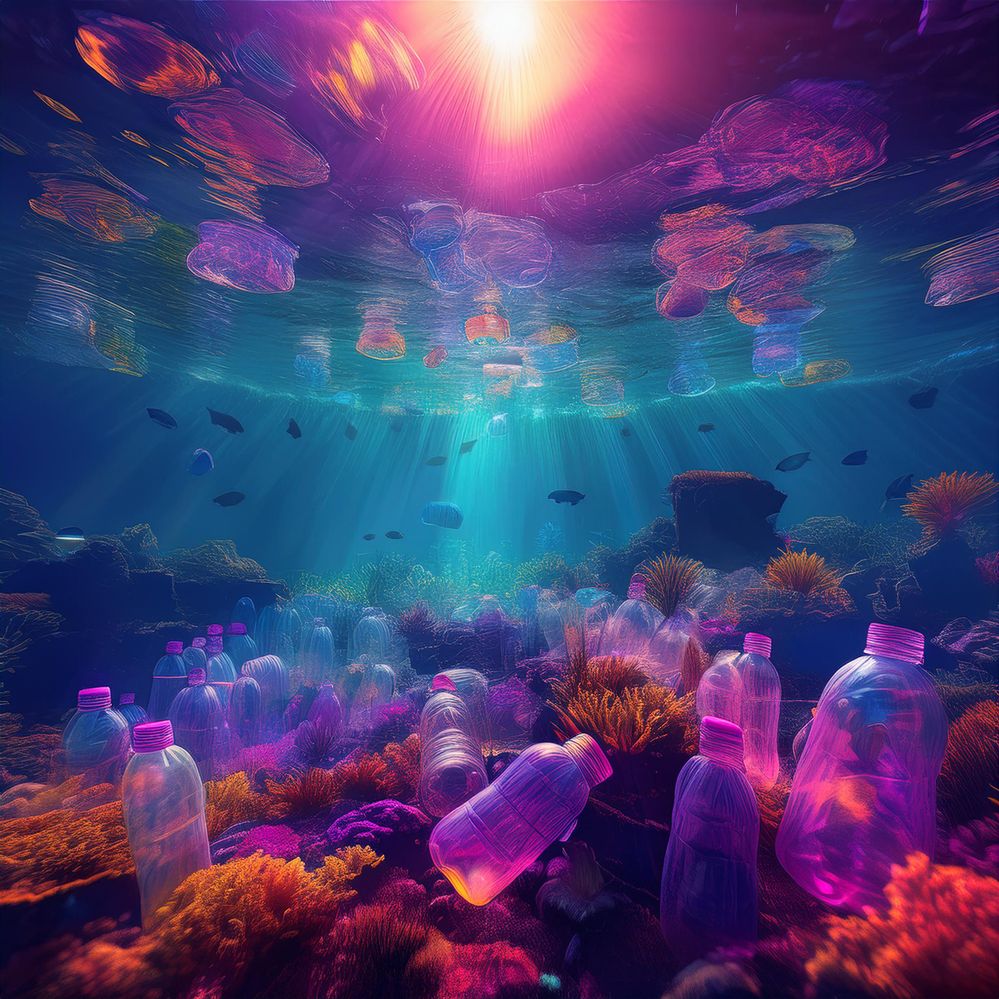 Firefly A vibrant underwater world with sunlit coral reefs made of plastic trash bottles in biolumin-3.jpg