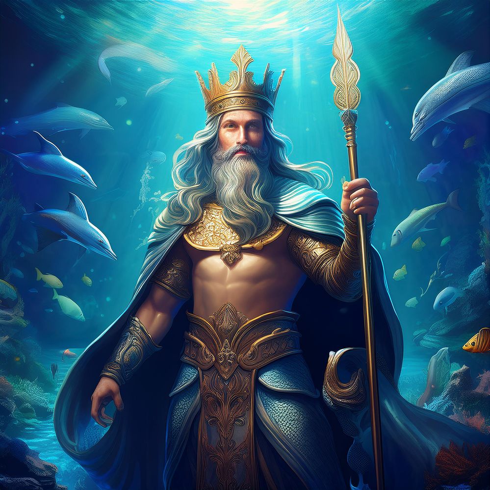 Under water science showing King Solomon in regal flowing robes and large crown and sceptre, with mermaids, fish and dolphins swimming around him, in a high fantasy look