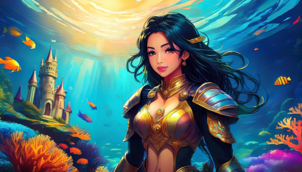 Firefly underwater beautiful fierce vibrant female warrior with black hair in front of a vibrant und (5).jpg