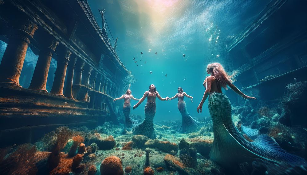 Firefly Cinematic underwater shipwreck collection with mermaids and mermen swimming around. having f.jpg