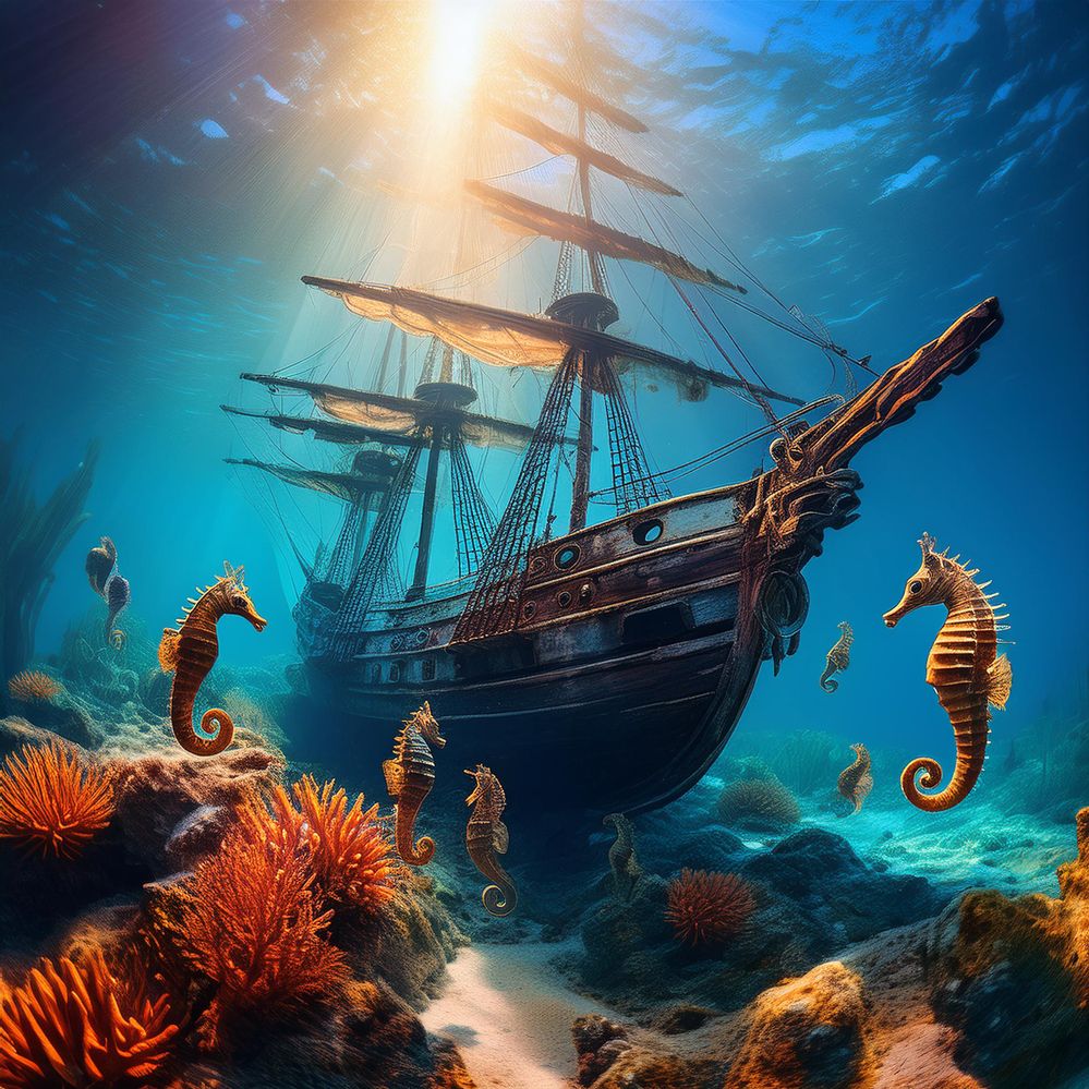 Firefly Create a vibrant underwater scene with a wrecked sailing ship, sunlight beaming through the .jpg