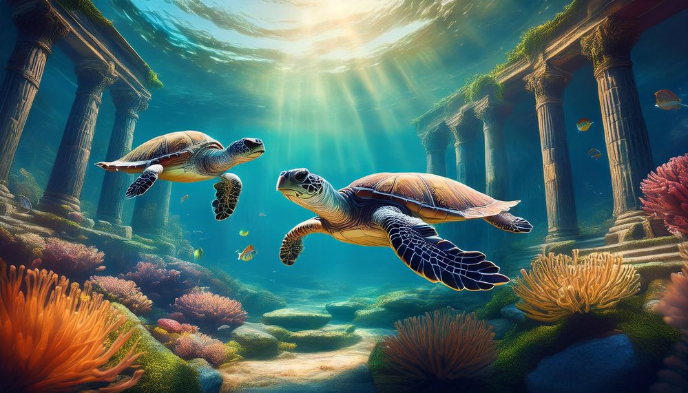 Firefly realistic loggerhead turtles swimming beautifully around in roman ruins, fish and urchins sw (1).jpg