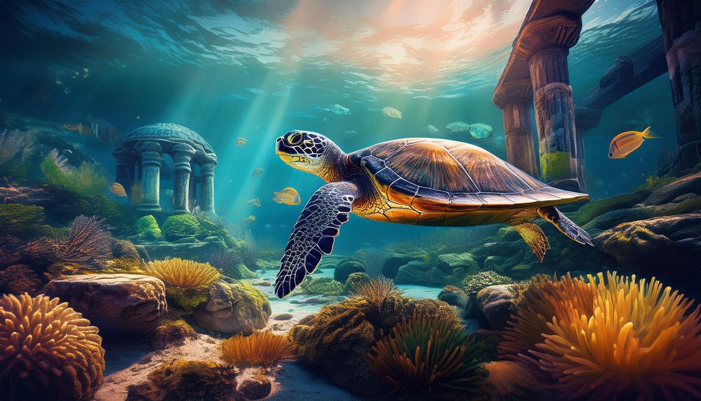 Firefly realistic loggerhead turtles swimming beautifully around in roman ruins, fish and urchins sw (2).jpg