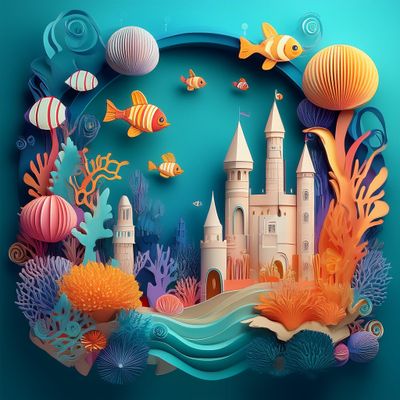 Firefly underwater fantasy world with castles, jellyfish, nemo fish, colorful corals. layered paper .jpg