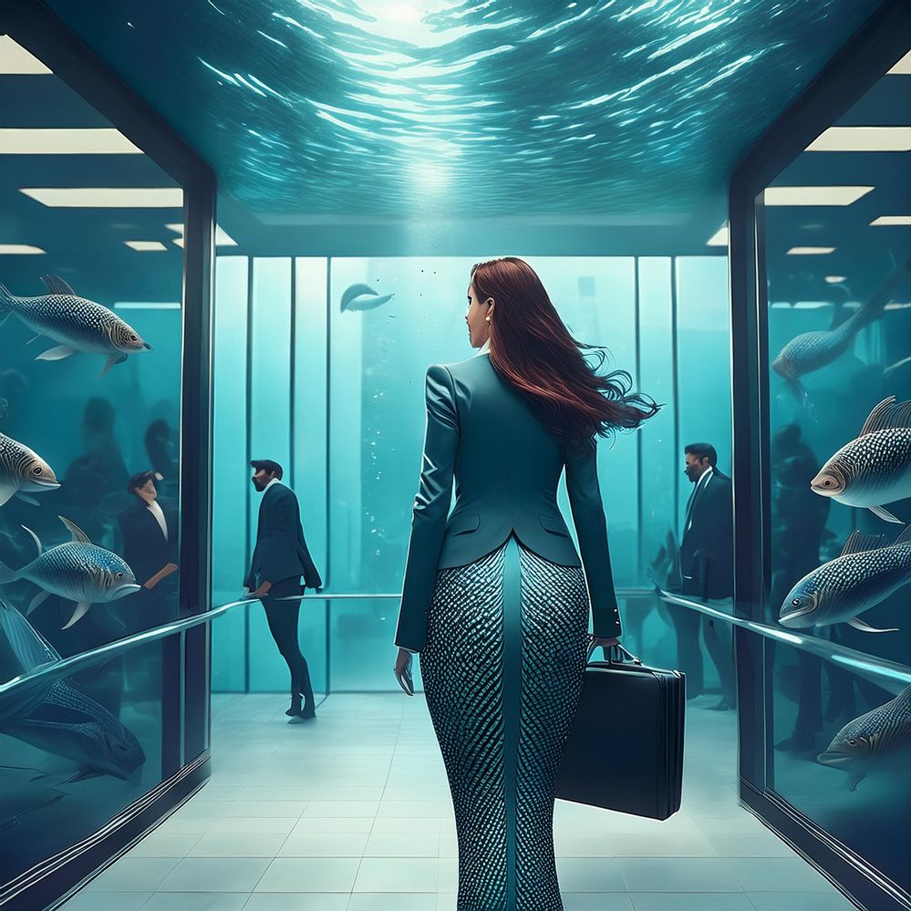 Firefly A mermaid in a business suit, carrying a brief case, swimming into an underwater office buil.jpg