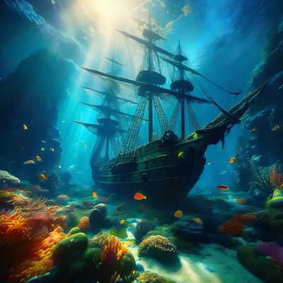 Firefly deep underwater scene, colourful, dark shadows , old ship, creatures, funny fish, bubbles, l.jpg