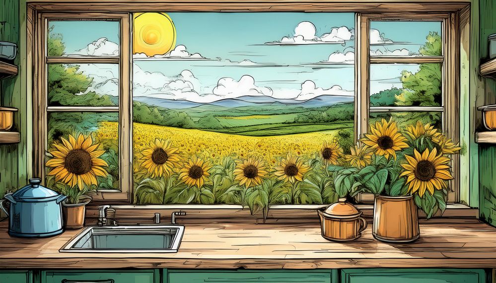 Firefly view of beautiful field of sunflowers from a distressed kitchen 27616.jpg