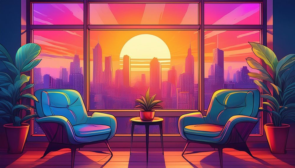 Firefly view from a modern city window; the sun setting over the city, two chairs, a plant on the in.jpg