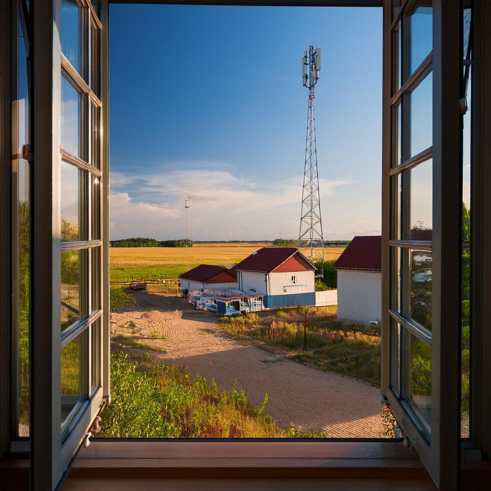 Firefly view through window of a rural area with mobile tower, shops and drainage 74005.jpg