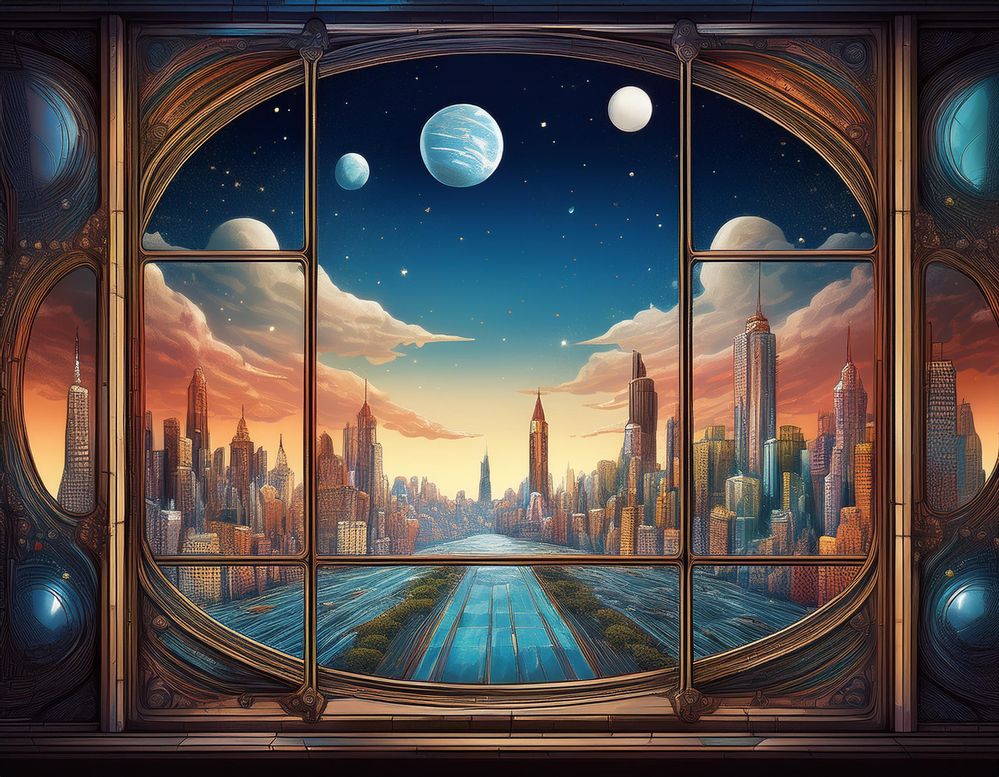 Firefly view from realistic distressed steampunk casement window, of a magnificent modern space city (1).jpg