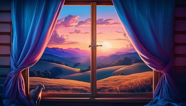 A view of through window with halfway closed dark blue curtains with wooden frame, orange sky, glimpse of hilly meadows with some wildlife