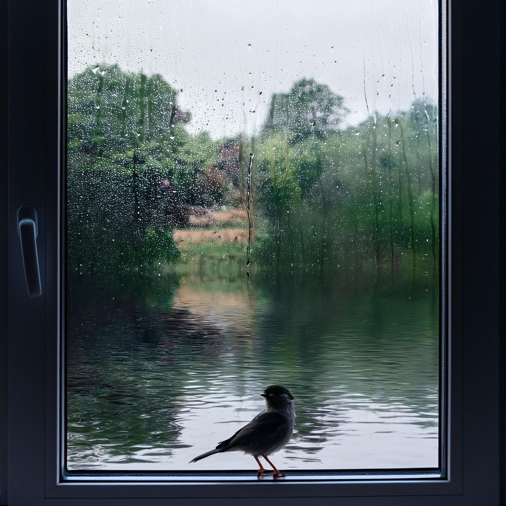 Firefly View from window of a very rainy dark day with flooding and a bird sitting on the windowsill.jpg