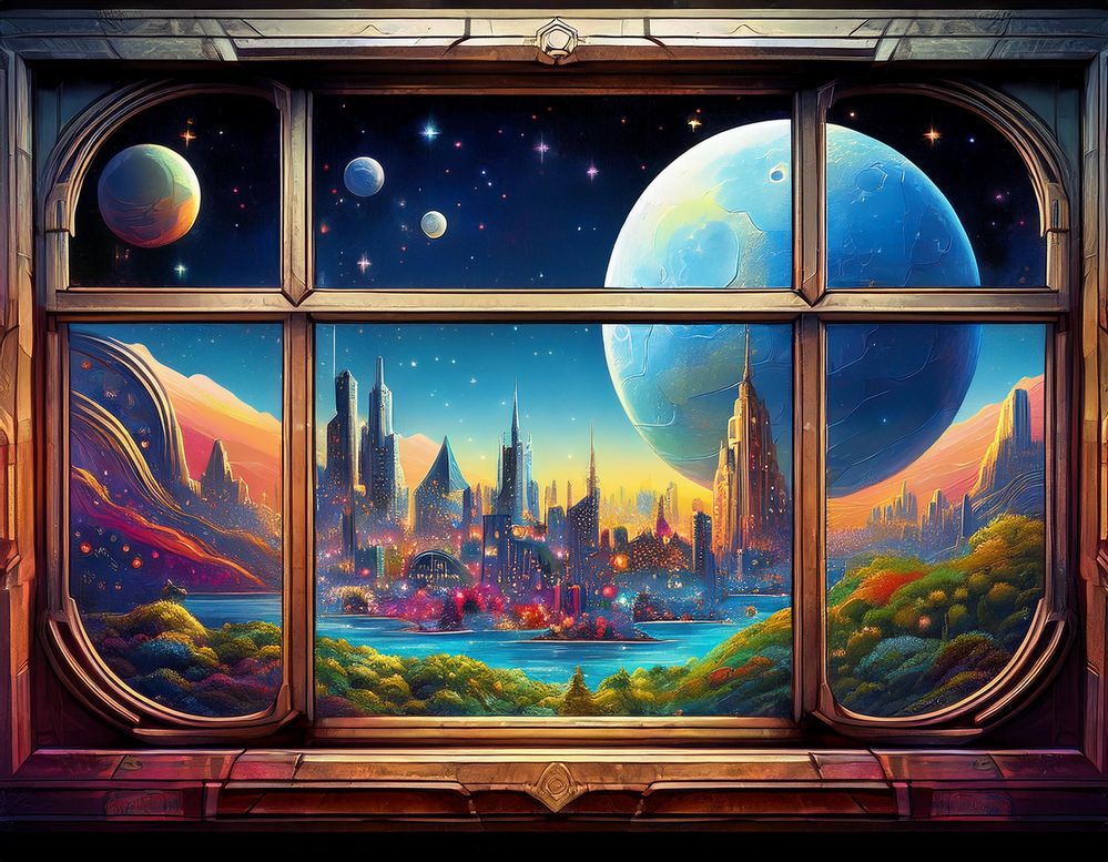 Firefly view from realistic distressed steampunk casement window, of a magnificent modern space city (3).jpg