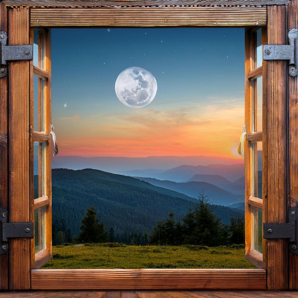 Firefly through my wooden window view a magestic sunset with big moon on the mountain 86714.jpg