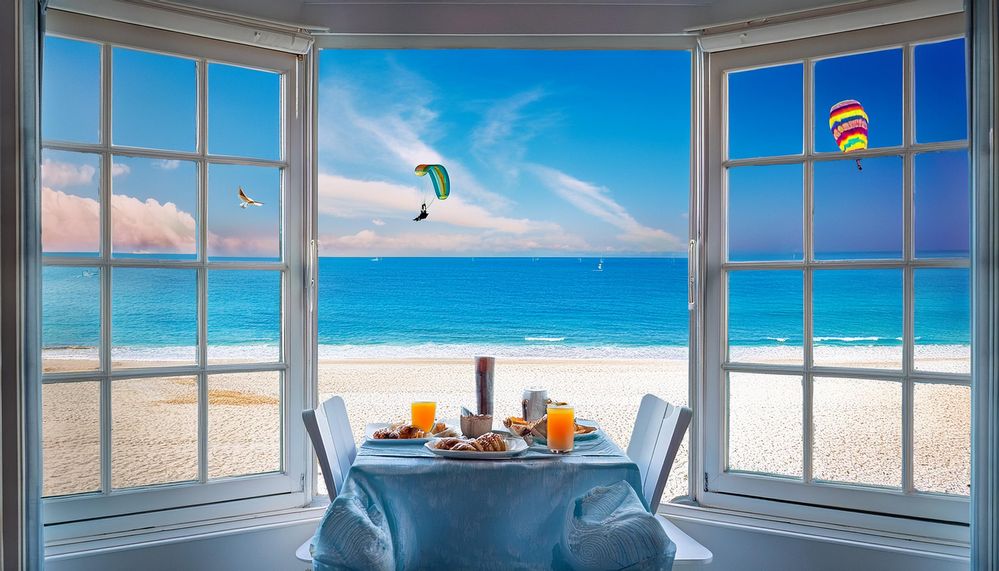 Create an early morning beach scene viewed through my window frame. Outside, the white sand meets a deep blue sea and seashells line the shore. In the distance, a paraglider with a colorful sail rides by. Inside, a breakfast table is set with fresh orange juice, French pressed coffee, and almond croissants..