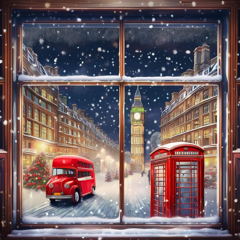 a view into the London seen from the inside a window , winter wonderworld at night, snow falling with christmas theme and red phonebooth and red double bus and a christmas tree