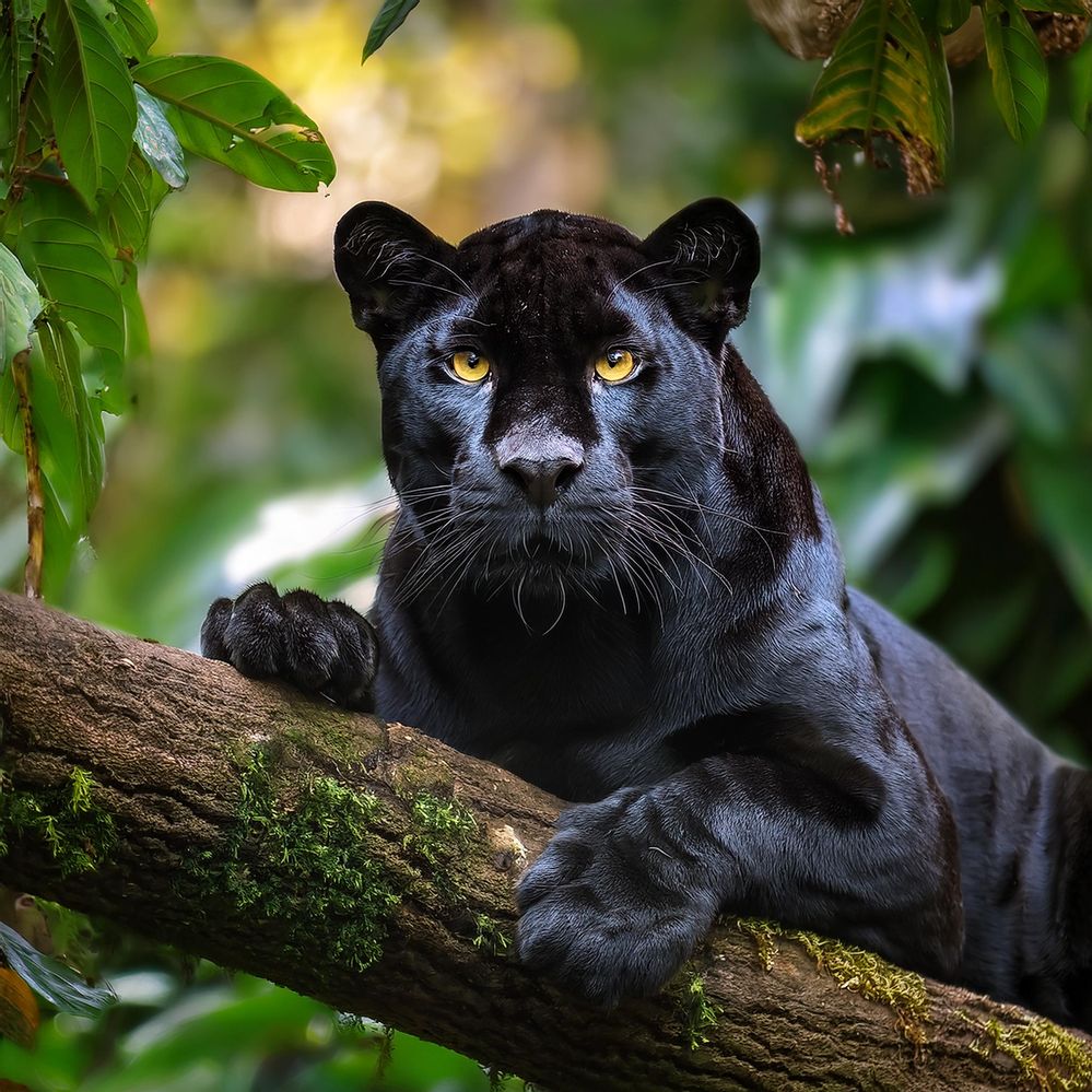 Firefly A black panther sitting gracefully on a sturdy tree branch, surrounded by dense, lush jungle (2).jpg