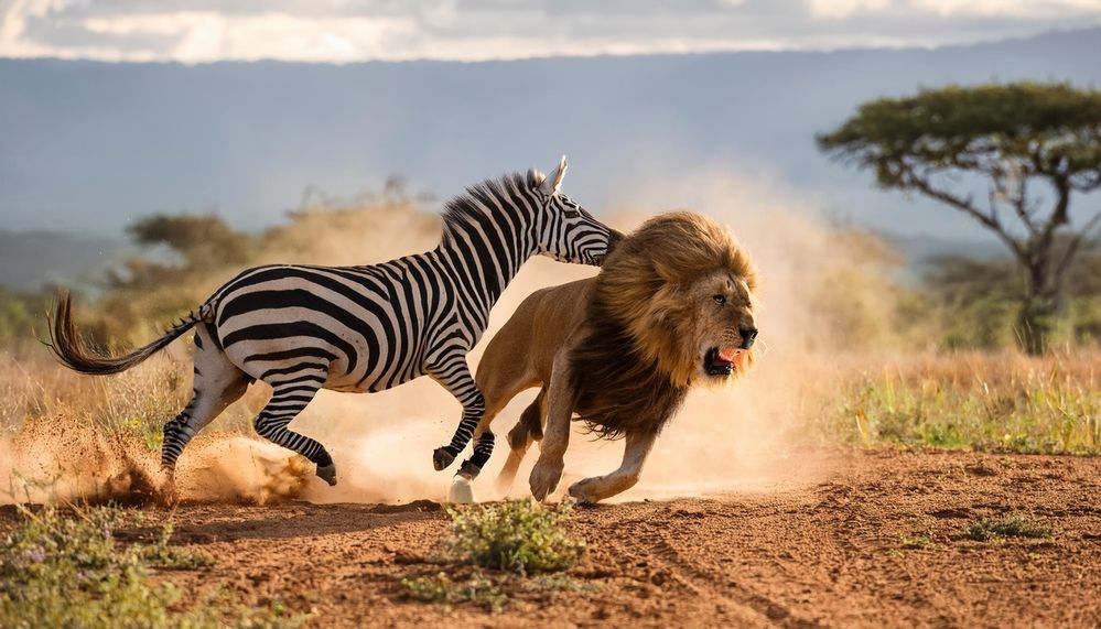 Firefly an annoyed zebra in the kenyan savanna, kicking a lion, dust whirling, tense atmosphere 7530.jpg