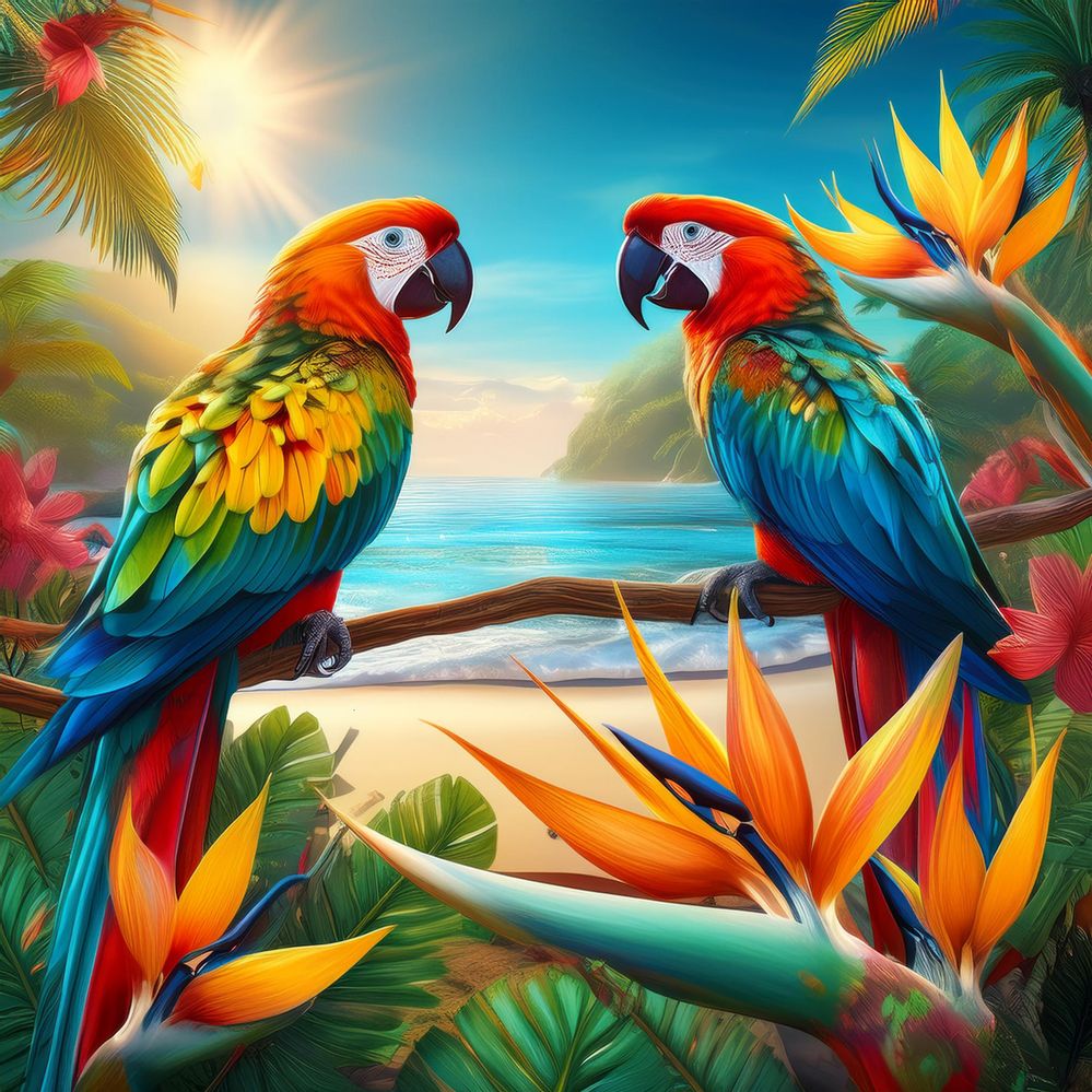 Firefly A realistic image of tropical forest with two different colorful parrots looking at each oth.jpg