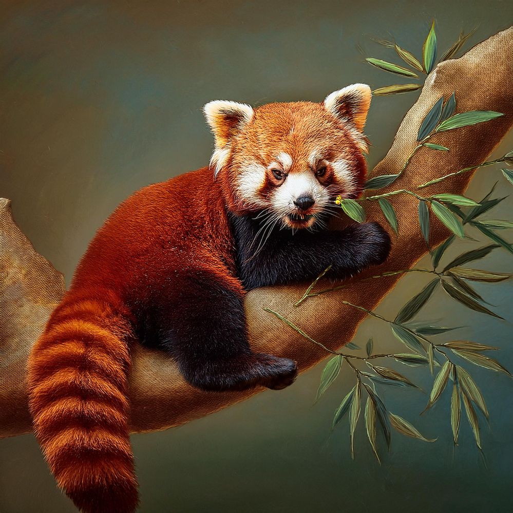 Firefly red panda lying on a branch and seen from behind, while eating green bamboo leaves 31785.jpg