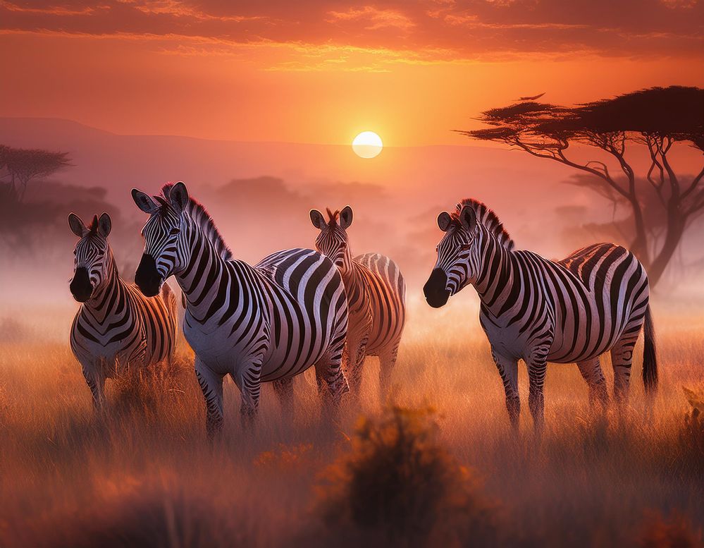 Firefly realistic herd of zebra grazing close up on a plain in Africa, at sunrise 42488.jpg