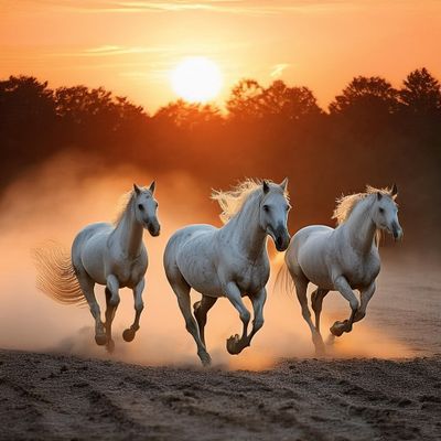 Firefly realistic photo of five white regal magestic horses running in empty field. dust getting kic.jpg