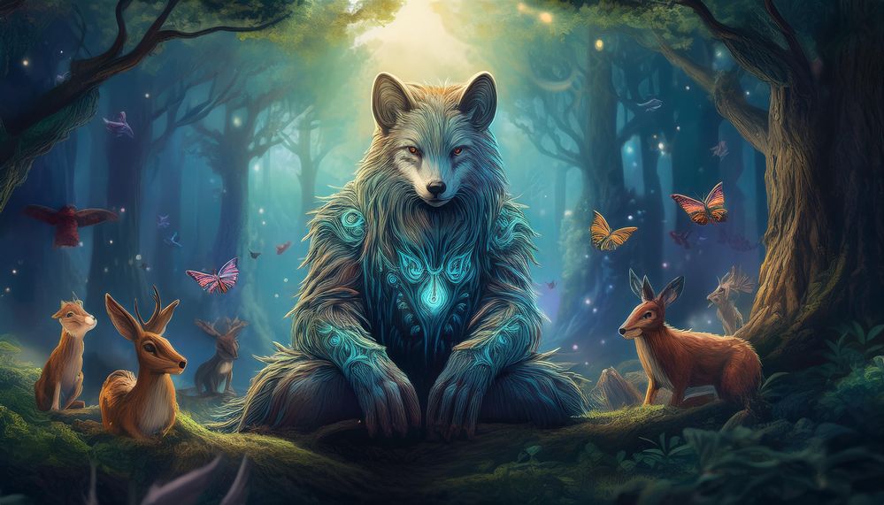 Firefly Mystic spirit of the forest sitting among the trees. Forest animals in the background. Magic.jpg