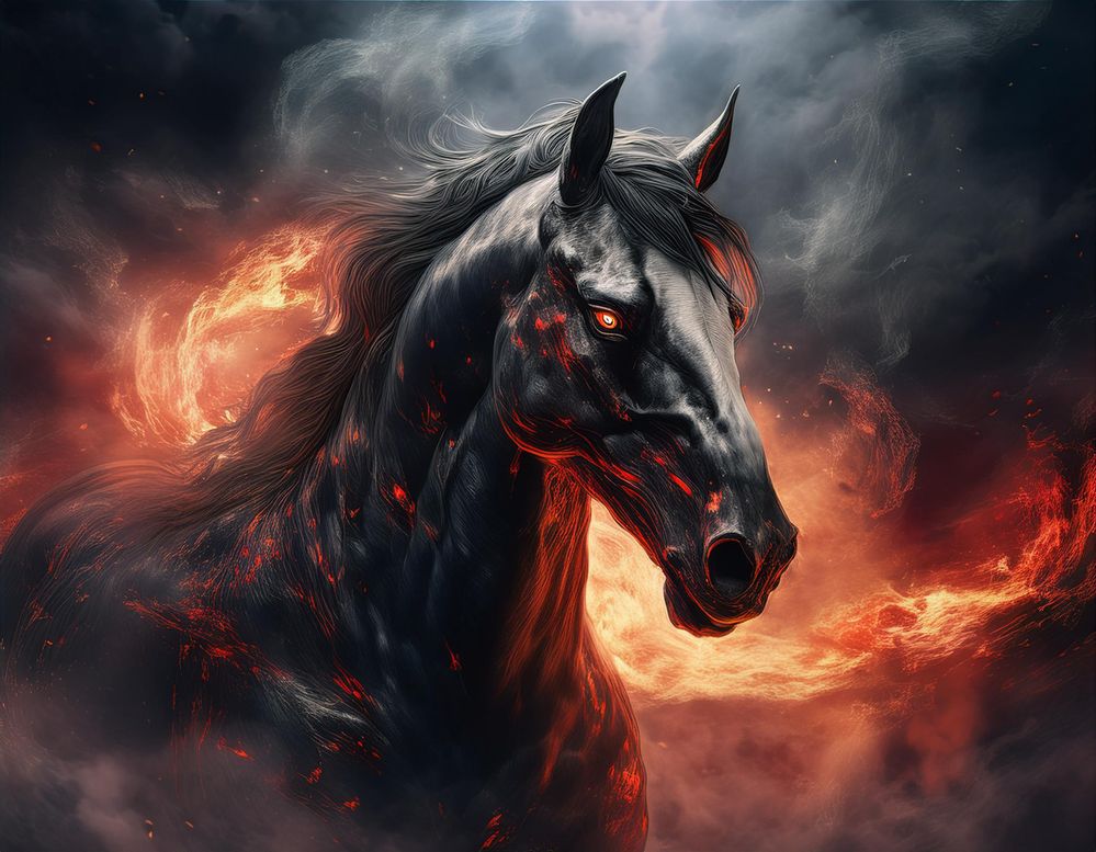 Firefly A dark, demonic angry black horse with glowing red eyes and veins of fire running through it.jpg