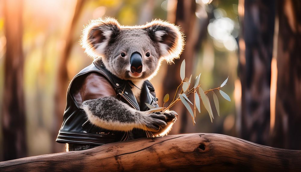 Firefly A koala bear wearing a leather motorcycle jacket sitting in a sunny eucalyptus forest munchi.jpg